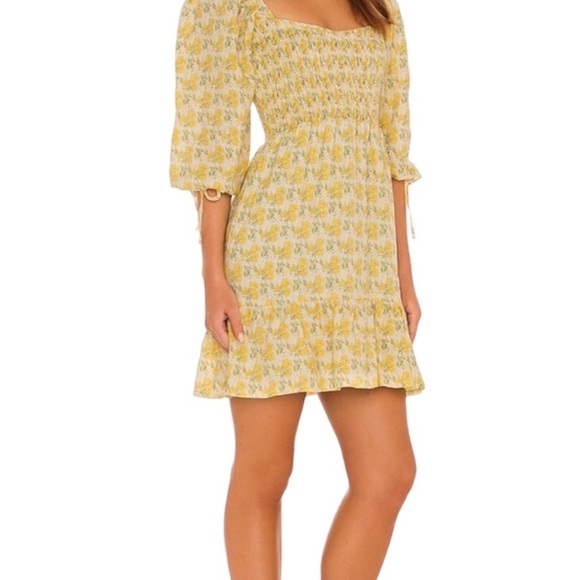 Faithfull The Brand Romina Linen Floral Puff Square Neck Mini Dress, Size 6 - Picture 2 of 10